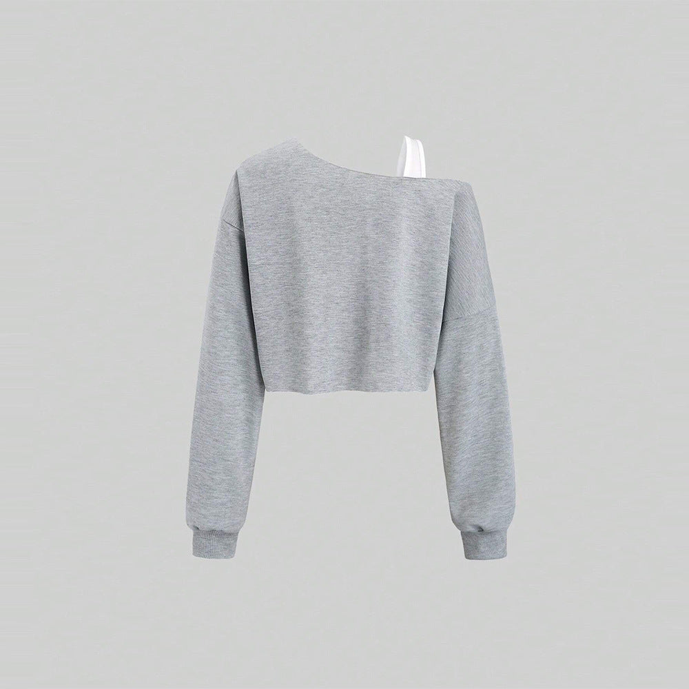 Damen cropped Off-Shoulder Sweatshirt mit einseitigem Träger, Ballonärmeln und Rippbündchen Shop Nory