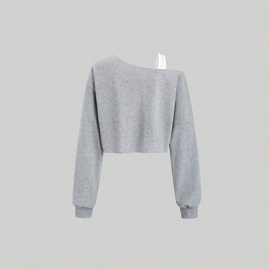 Damen cropped Off-Shoulder Sweatshirt mit einseitigem Träger, Ballonärmeln und Rippbündchen Shop Nory