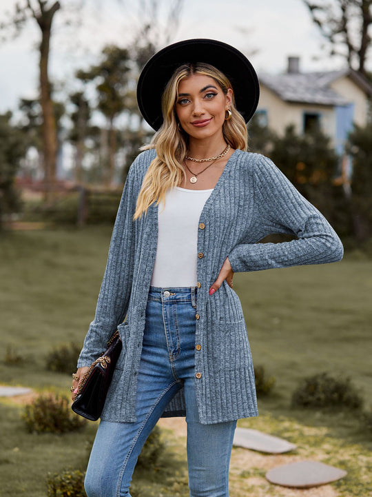 Damen Lang geschnittene Rippstrick‑Cardigan mit Knopfleiste und Eingrifftaschen Shop Nory