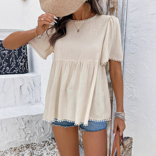 Damen Leichtes Babydoll-Tunika-Top mit Volants und Pompon-Besatz Shop Nory