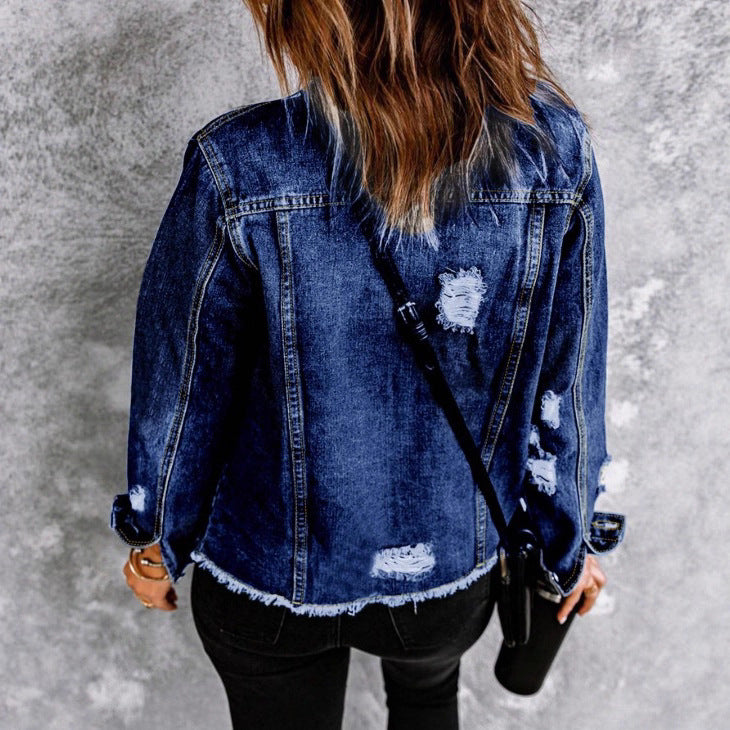 Damen Taillenbetonte Denim-Truckerjacke mit leichtem Destroyed-Effekt und Fransenbund Shop Nory