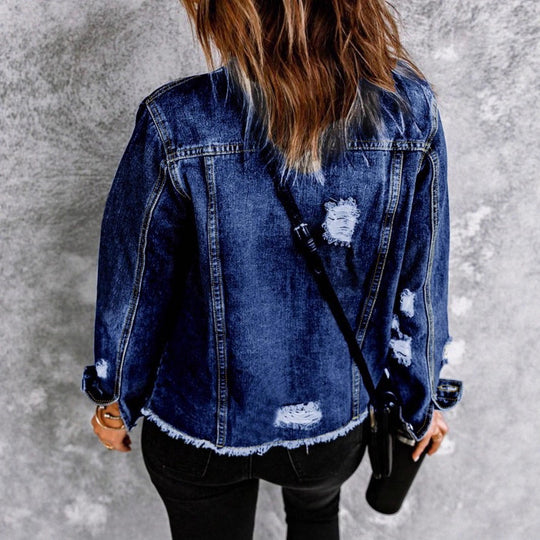 Damen Taillenbetonte Denim-Truckerjacke mit leichtem Destroyed-Effekt und Fransenbund Shop Nory