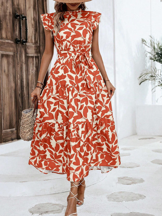 Damen Midikleid mit Stufenrock, geraffter Taillenbindung und Rüschenärmeln Shop Nory