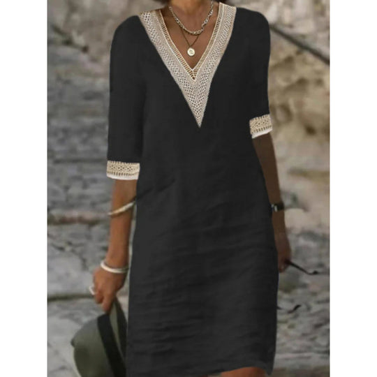Damen Leichtes Leinen-Midikleid mit V-Ausschnitt und Häkelspitzenbesatz Shop Nory