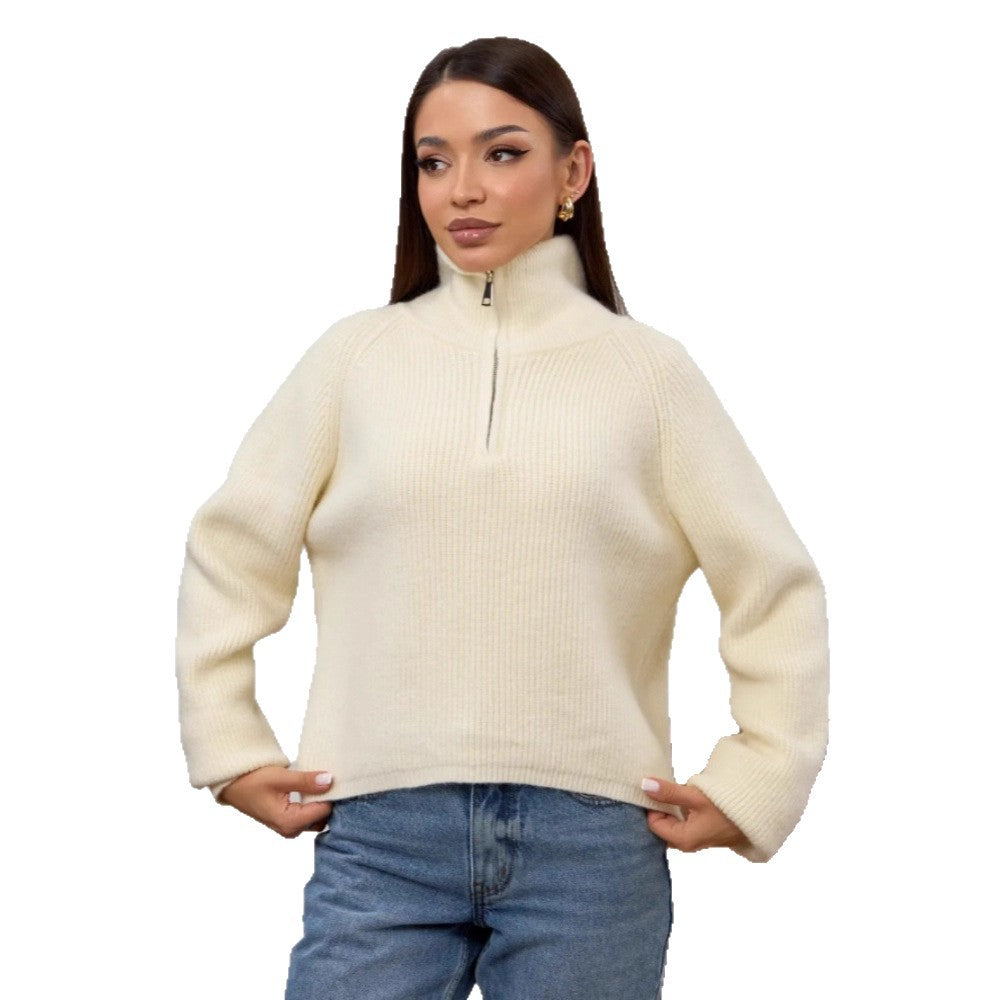 Damen Modischer Strickpullover mit Stehkragen und kurzer Reißverschluss Shop Nory
