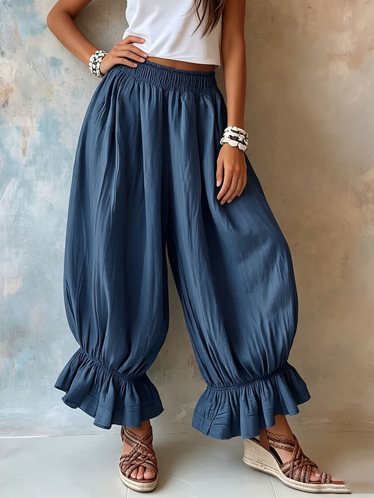 Damen Weite Haremshose mit Gummizug, gerafften Beinen und Volant-Saum Shop Nory