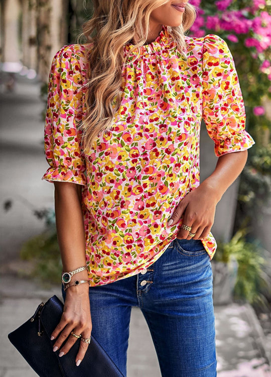 Damen Bluse mit Verspieltem Blumendesign und Puffärmeln