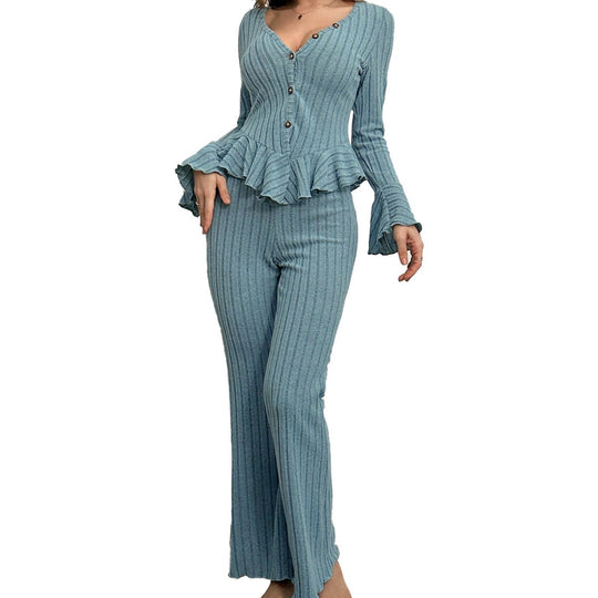 Damen geripptes Lounge-Set mit V‑Ausschnitt Knopfleiste Peplum-Top und weitem Palazzo-Hose Shop Nory