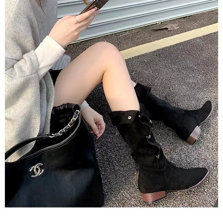 Damen Wadenhohe Velourslederstiefel mit umklappbarer Manschette und spitzer Kappe Shop Nory
