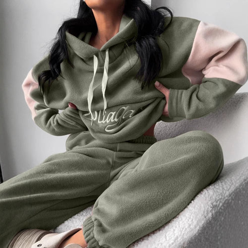 Damen kuscheliges Hoodie-Set mit kontrastärmel, elastischer High-Waist-Jogginghose und überschnittener Kapuze Shop Nory