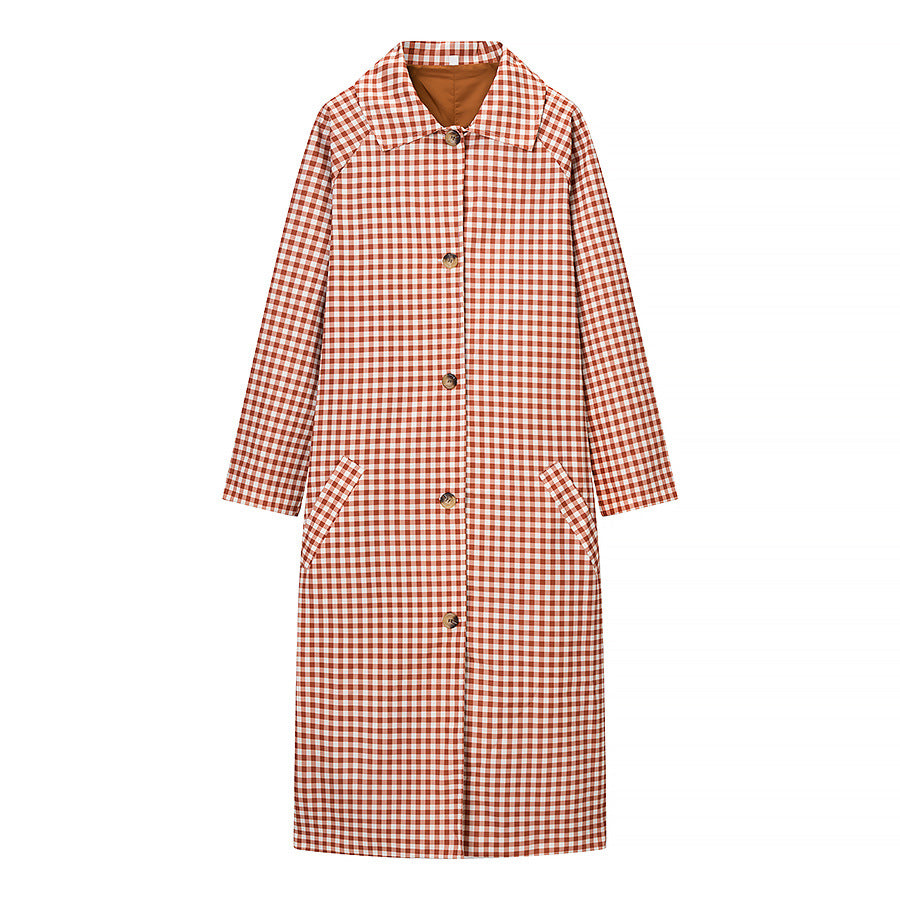 Damen Karo-Trenchcoat mittellang mit Knopfleiste und kontrastgefütterten Manschetten Shop Nory
