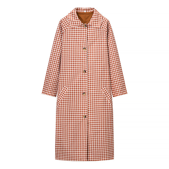 Damen Karo-Trenchcoat mittellang mit Knopfleiste und kontrastgefütterten Manschetten Shop Nory