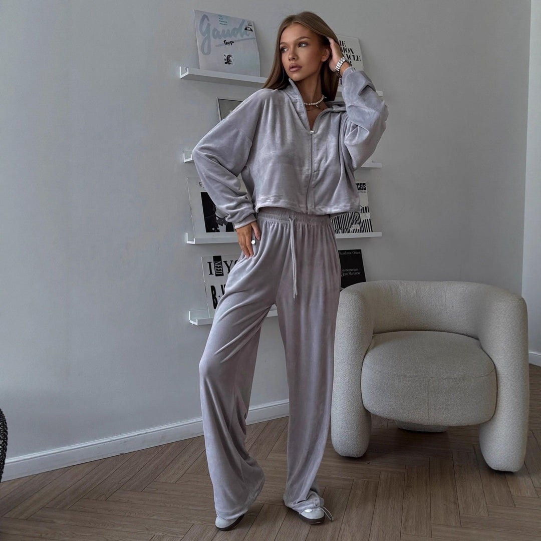 Damen Samt-Loungewear-Set mit kurzem Reißverschluss-Sweater und weitem Kordelzug-Hose Shop Nory