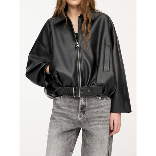 Damen Oversized Lederimitat-Blouson mit Taillengürtel Shop Nory