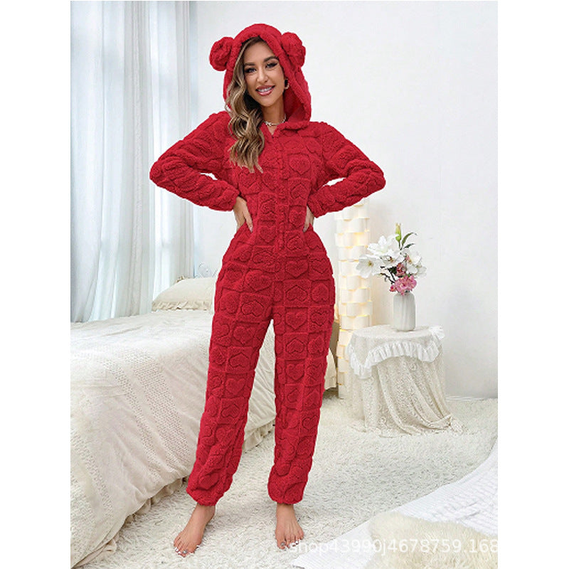 Damen Gemütlicher Fleece-Overall mit Kapuze