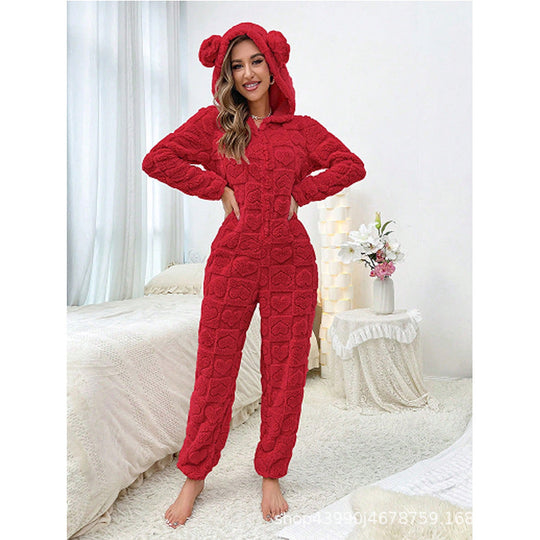 Damen Gemütlicher Fleece-Overall mit Kapuze