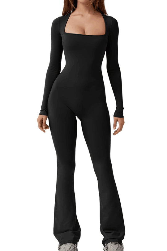 Damen figurbetontes Jumpsuit mit quadratischem Ausschnitt, langen Ärmeln und ausgestellt Bein Shop Nory