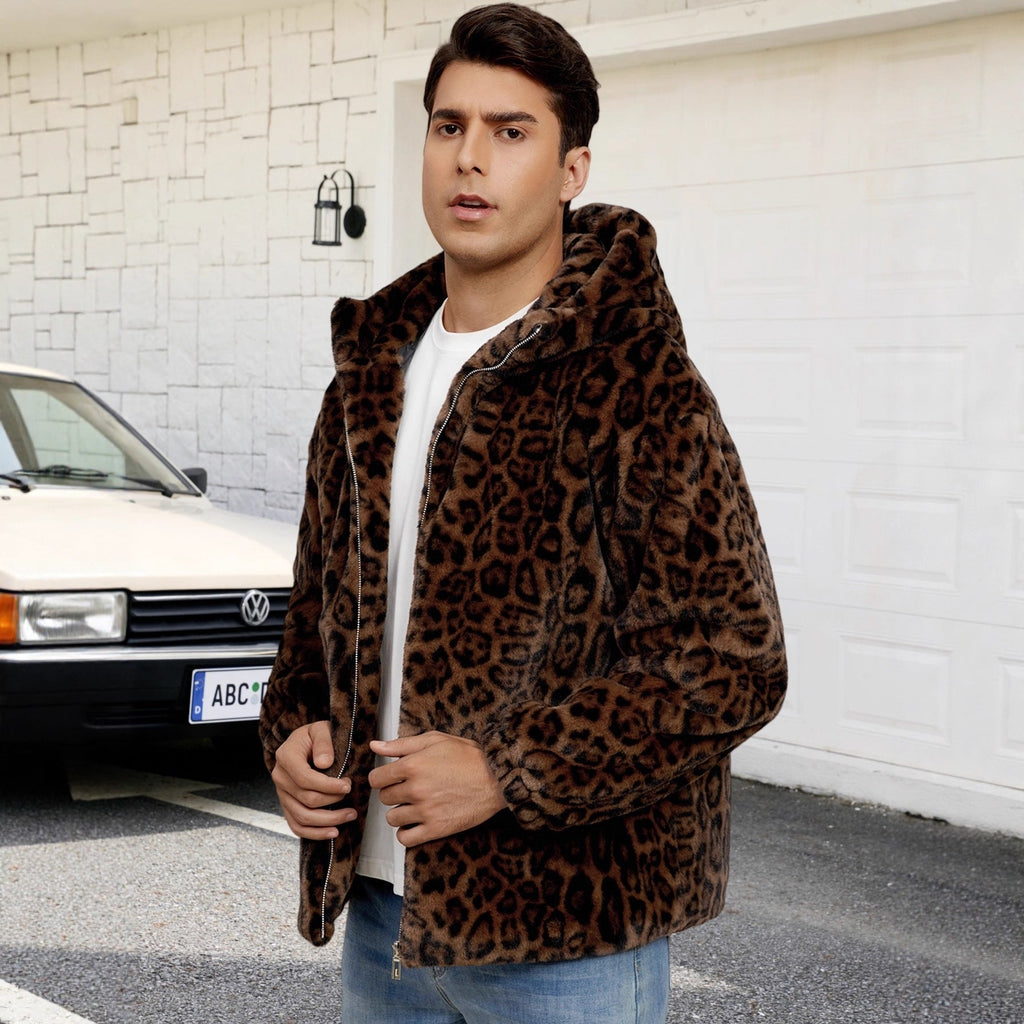 Herren Flauschige Kunstpelzjacke mit modischem Leopardenmuster