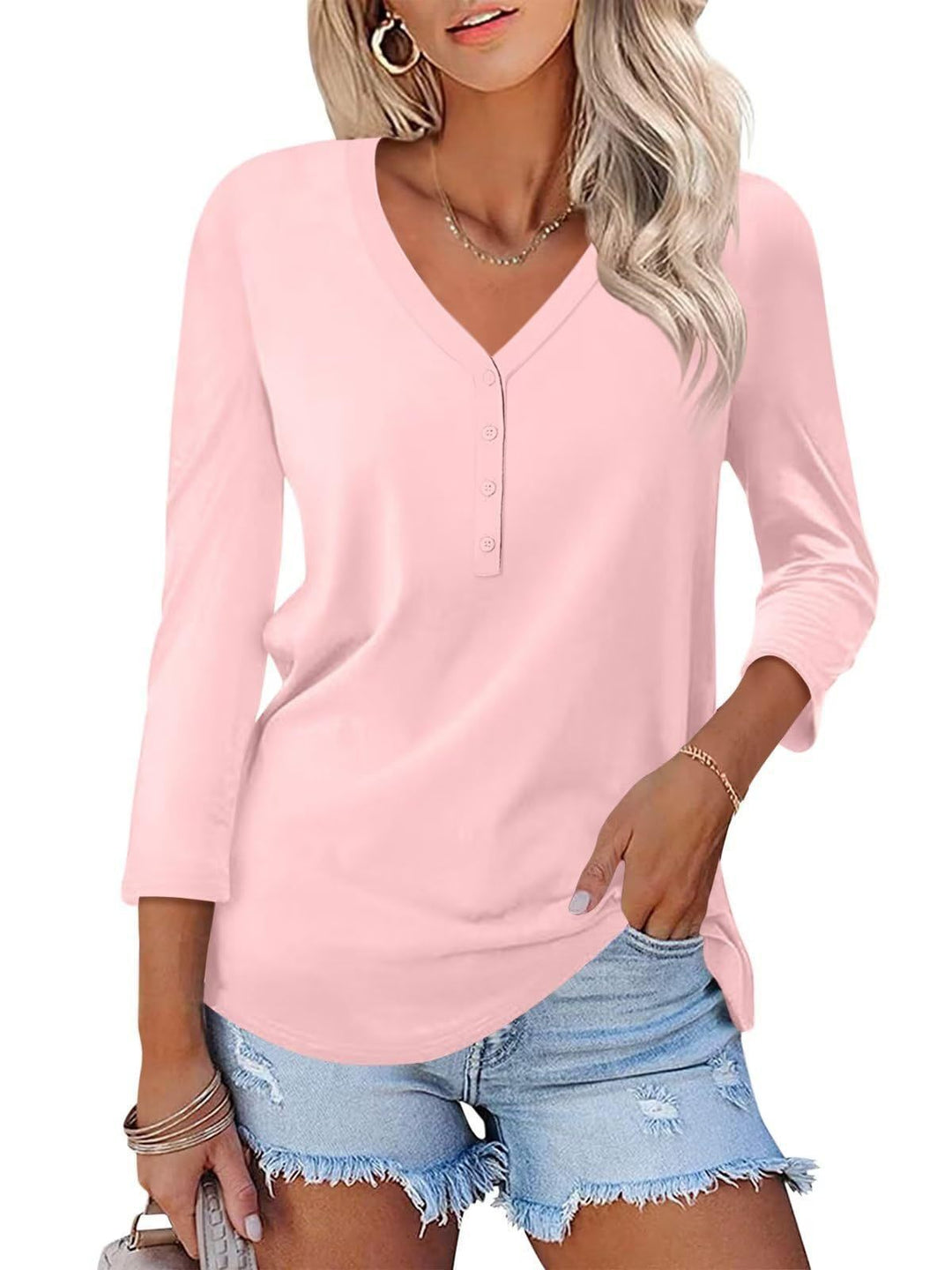Damen Langarm T-Shirt mit Knopfleiste und V-Ausschnitt