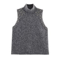 Damen ärmelloses Strickoberteil mit eleganten Perlenverzierungen