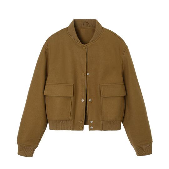 Damen kurze Woll-Bomberjacke mit aufgesetzten Pattentaschen und Rippbündchen Shop Nory