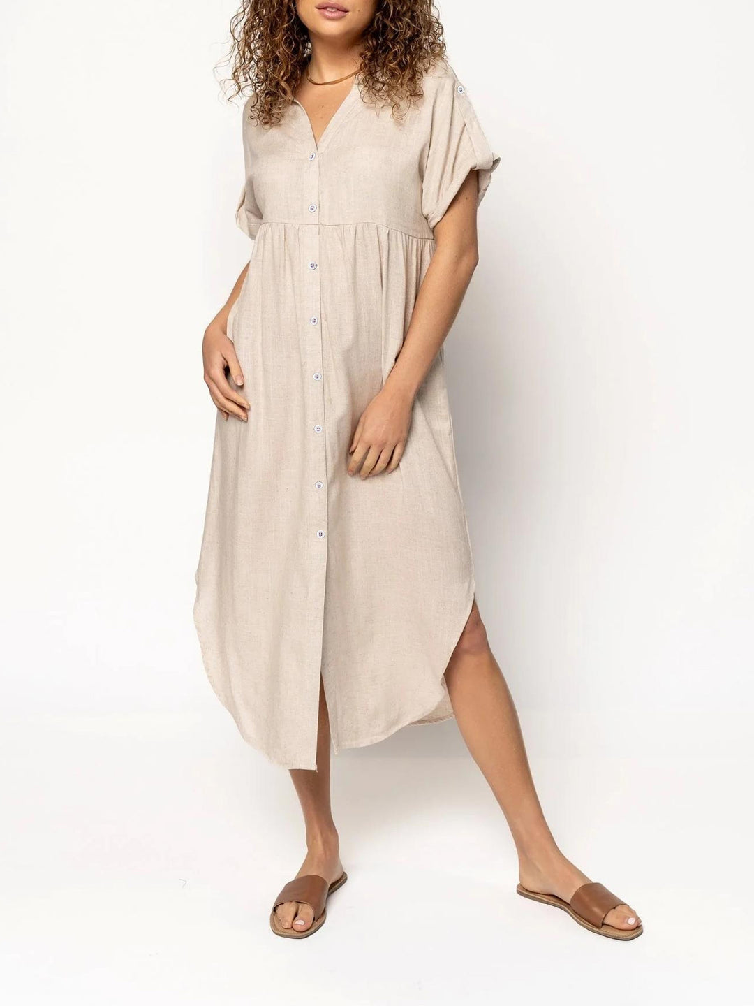 Damen Midikleid mit Knopfleiste, V‑Ausschnitt und legerer Babydoll-Passform Shop Nory