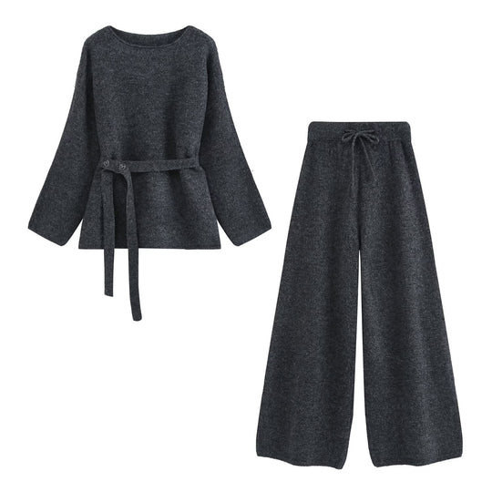 Damen Zweiteiliges Strick-Lounge-Set mit Taillengürtel und weiter Palazzo-Hose Shop Nory