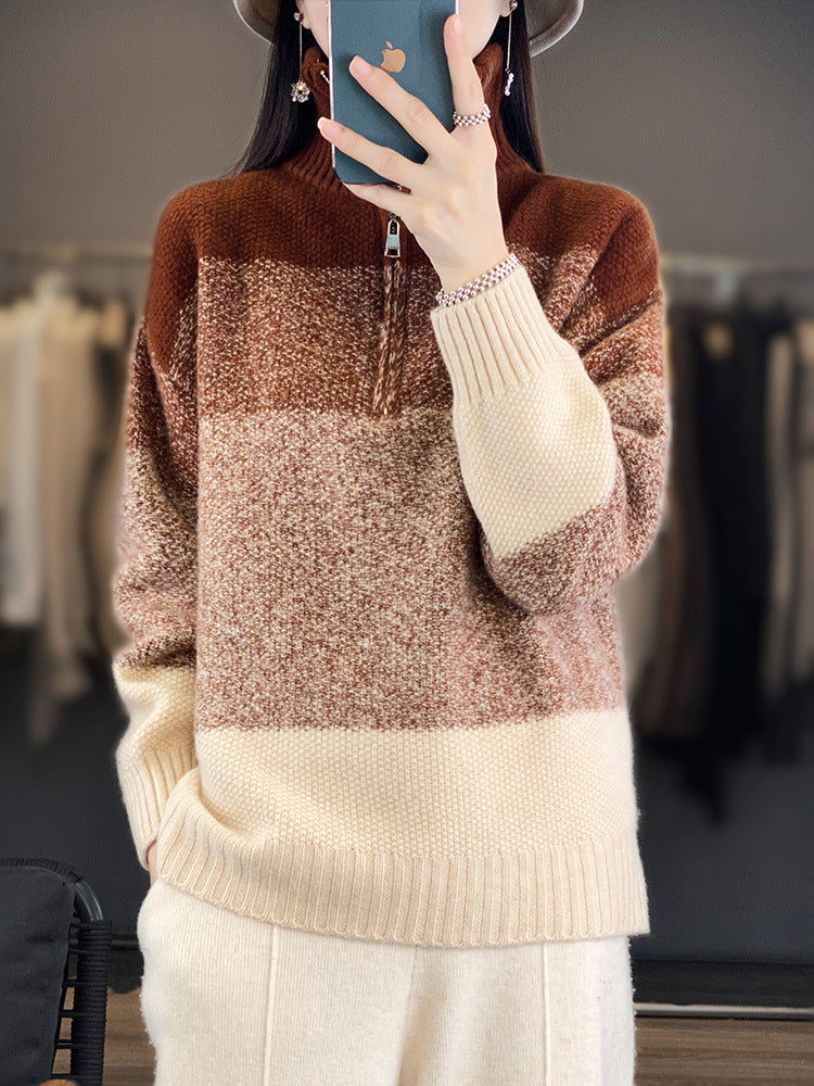 Damen Oversize-Strickpullover mit halbem Zip, meliertem Blockstreifen und weichem Flor Shop Nory