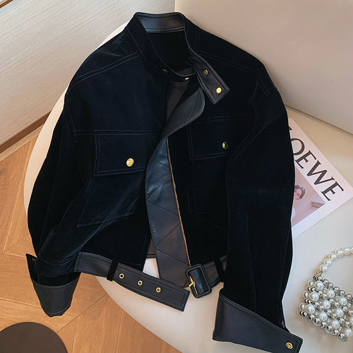 Damen Modische samtige Übergangsjacke mit Lederakzenten Shop Nory