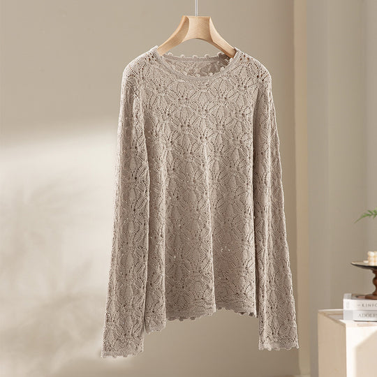 Damen Feines Häkel-Longsleeve mit floraler Lochmuster-Struktur und legerer Silhouette Shop Nory