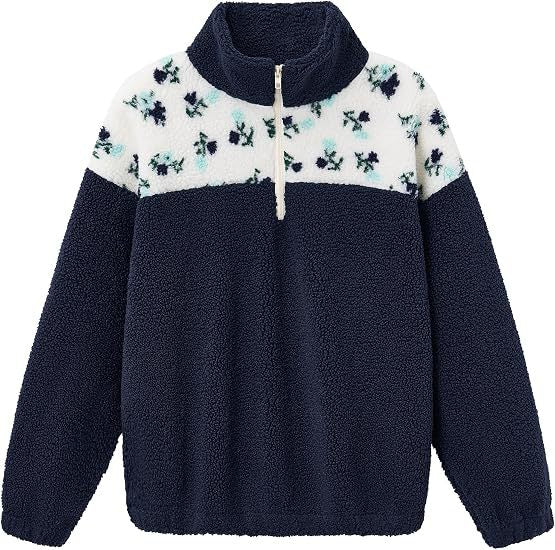 Damen Teddy-Fleece-Pullover mit Stehkragen, floralem Besatz und halbem Reißverschluss Shop Nory
