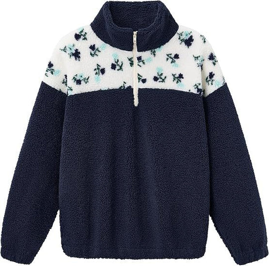 Damen Teddy-Fleece-Pullover mit Stehkragen, floralem Besatz und halbem Reißverschluss Shop Nory