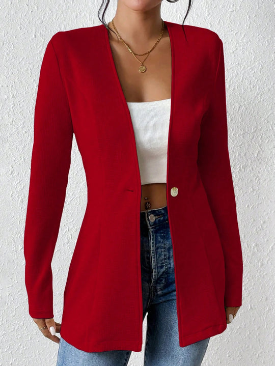 Damen Taillierter kragenloser Longblazer mit Ein-Knopf-Verschluss Shop Nory