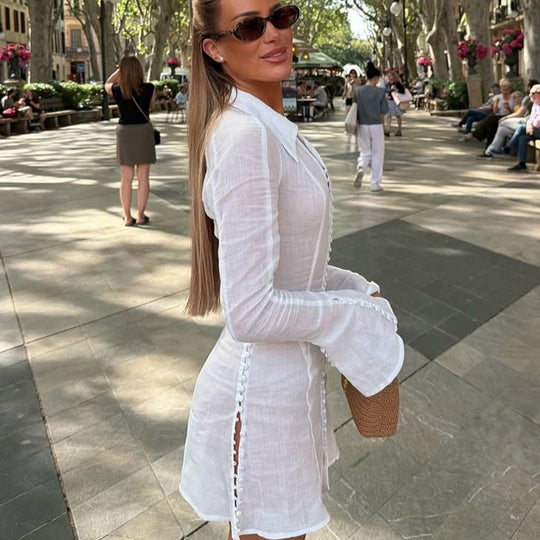 Damen Tailliertes Leinen-Minikleid mit Hemdkragen und Zierknopfleiste Shop Nory