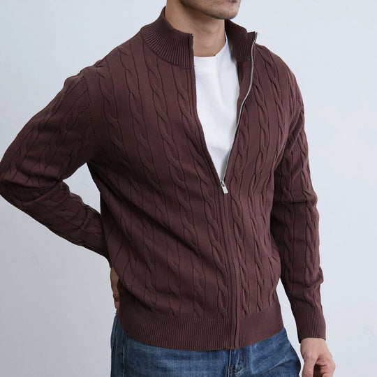 Herren Feiner Zopfmuster-Halbzip-Cardigan mit Rippkragen und silbernem Reißverschluss Shop Nory