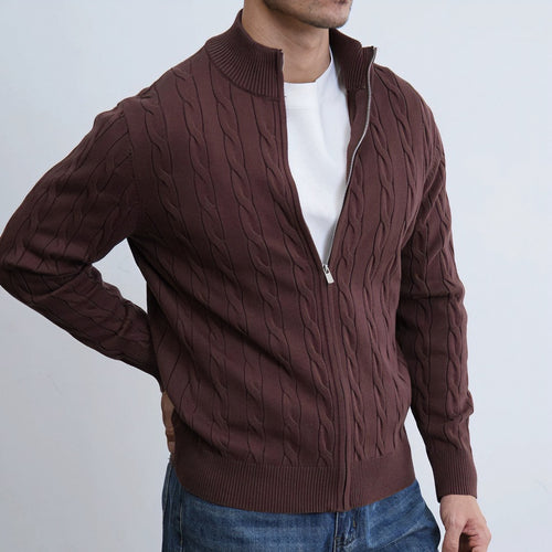 Herren Feiner Zopfmuster-Halbzip-Cardigan mit Rippkragen und silbernem Reißverschluss Shop Nory