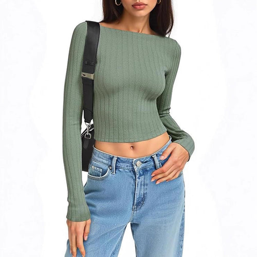 Damen Tailliertes Ripp-Cropped-Longsleeve mit U-Boot-Ausschnitt und Stretch-Baumwollmix Shop Nory