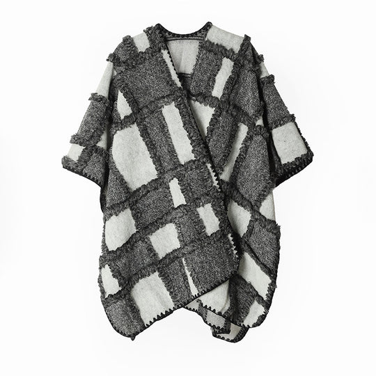 Damen Oversize-Cape aus Wollmix mit strukturierter Karo‑Jacquard‑Optik und offener Front Shop Nory