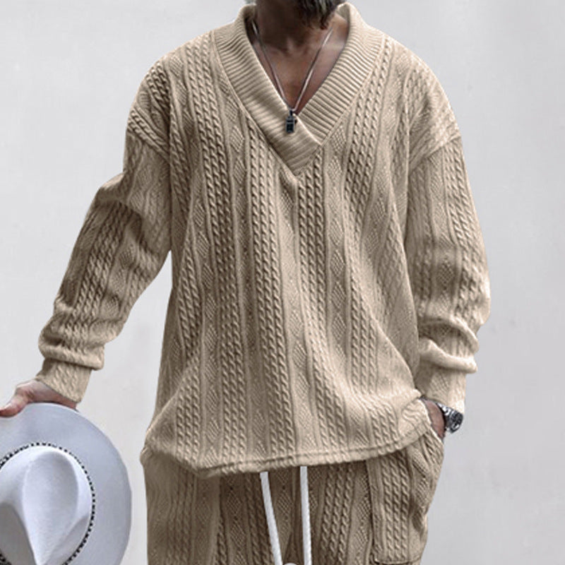 Herren lässiger Strickpullover mit V-Ausschnitt und Kabelmuster