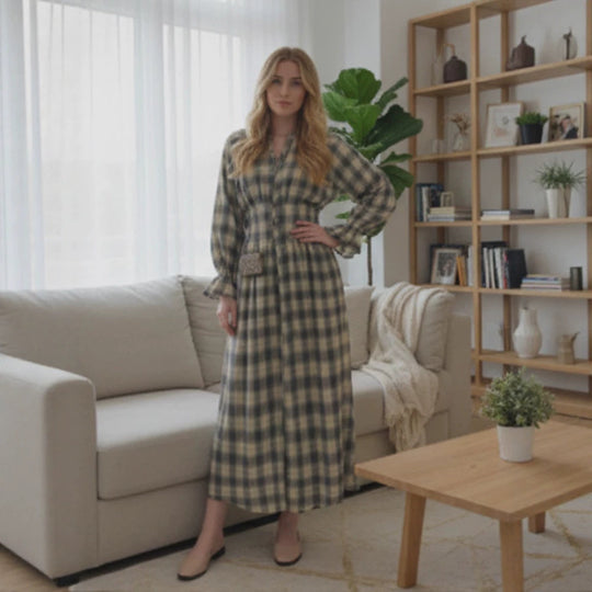Damen Maxikleid im Karierten Hemdblusenstil mit Taillengürtel und Rüschenmanschetten Shop Nory
