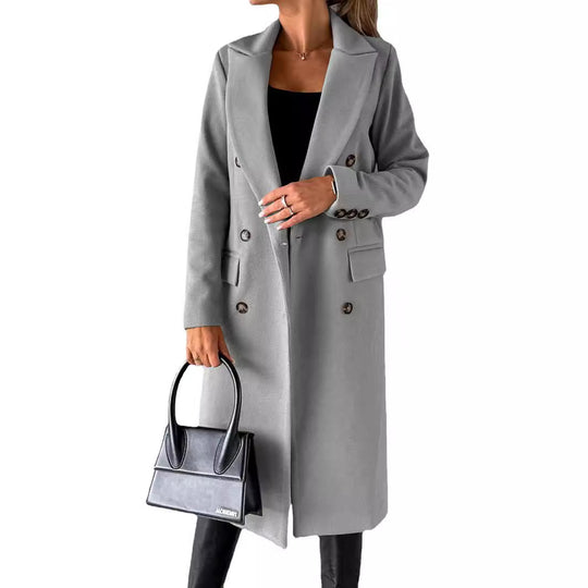 Damen klassischer langer Doppelreiher Mantel mit Reverskragen und Pattentaschen Shop Nory