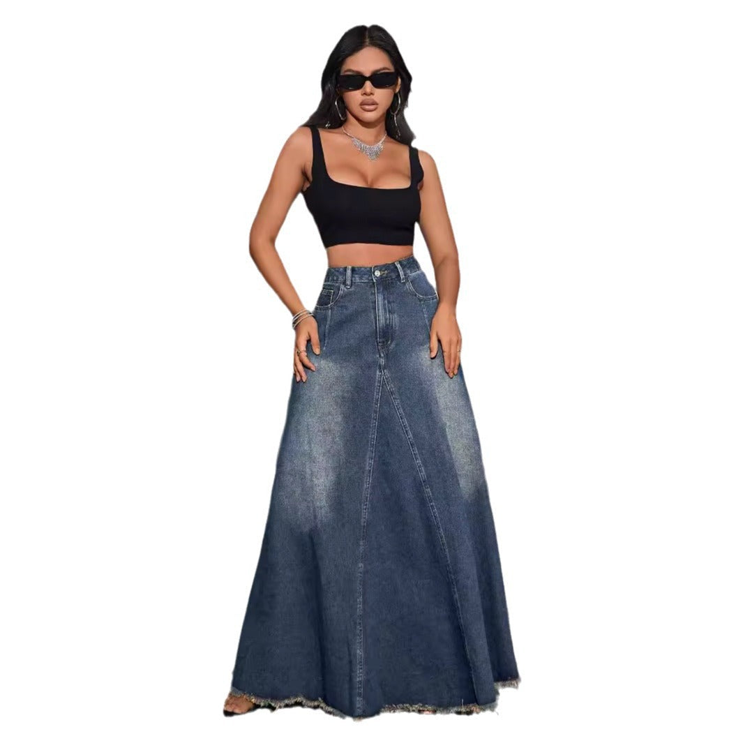 Damen langer Jeansrock mit fransigem Saum