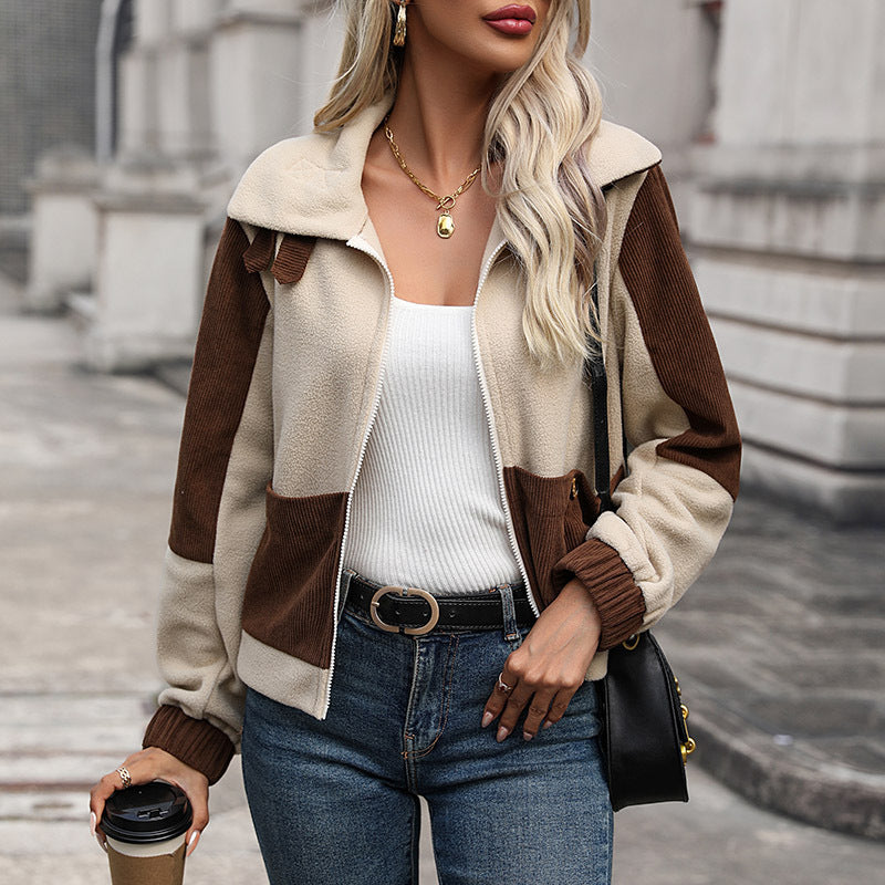 Damen Oversize-Fleecejacke mit Cord-Einsätzen, Stehkragen und Druckknopf-Taschen Shop Nory