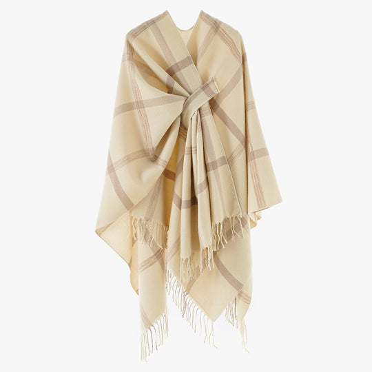 Damen Oversize-Capeponcho aus Wollmix mit Bindegürtel, Fransen und großem Karomuster Shop Nory