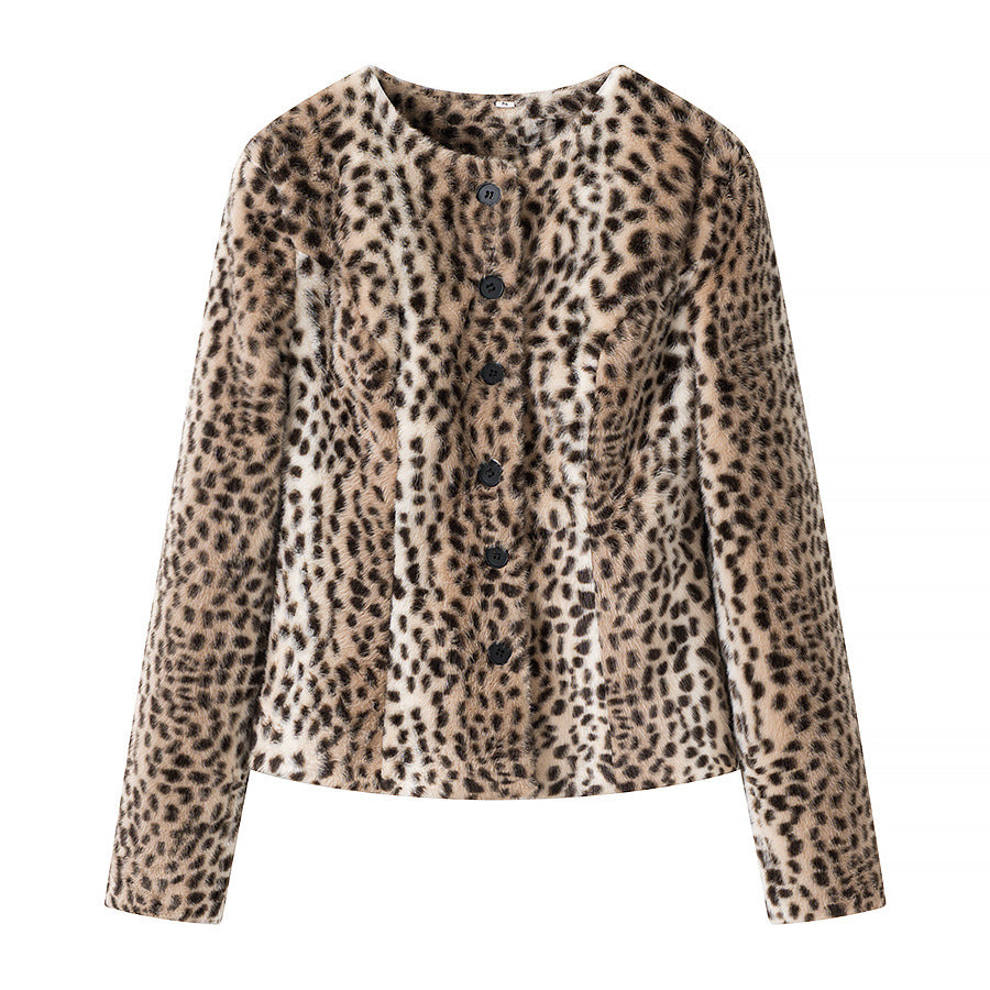 Damen Kurze Kunstfelljacke mit Leopardenmuster und Rundhalsausschnitt Shop Nory