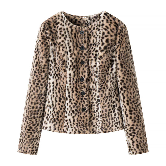 Damen Kurze Kunstfelljacke mit Leopardenmuster und Rundhalsausschnitt Shop Nory