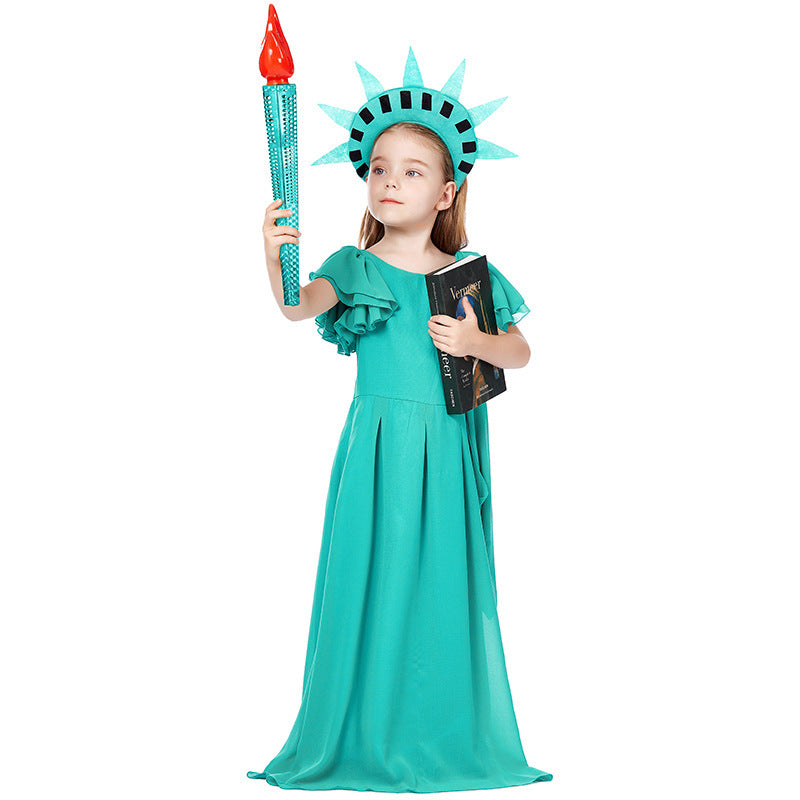 Mädchen Kostüm als Freiheitsstatue mit elegantem Kleid und Accessoires Shop Nory