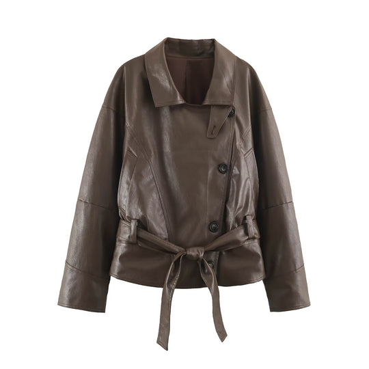Damen taillierte Cropped Kunstlederjacke mit Bindegürtel und asymmetrischer Knopfleiste Shop Nory