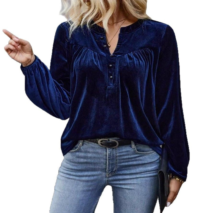 Damen Samtsweatshirt mit Henley-Knopfleiste, geraffter Brustpasse und lockerer Silhouette Shop Nory