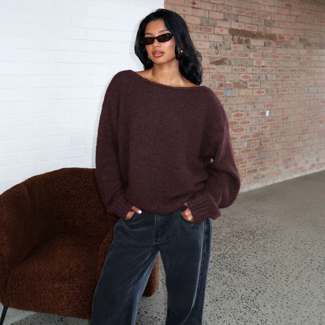Damen Oversize Bouclé-Pullover mit weitem Boot-Ausschnitt und gerippten Bündchen Shop Nory